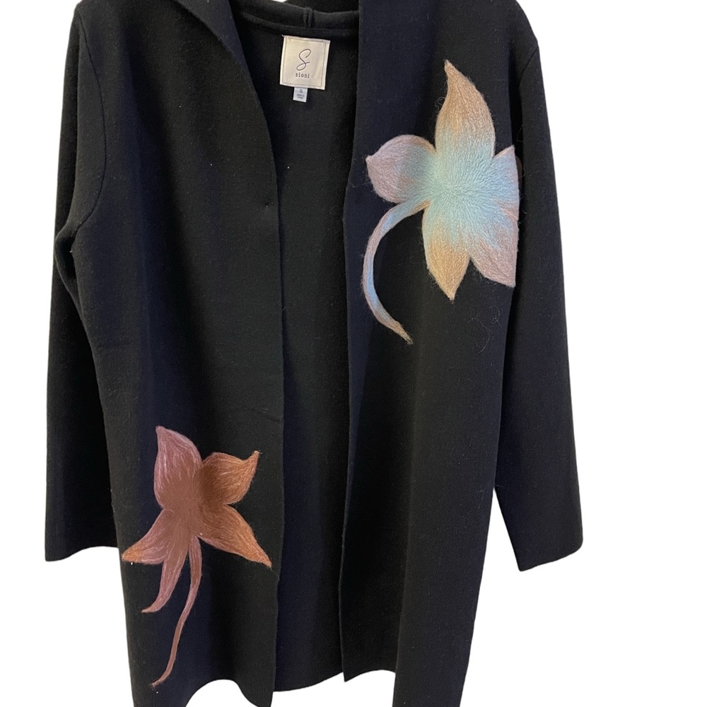 Sioni Black Flower Design Embroidered Long Cardigan w/Hood Sz Small NWOT
